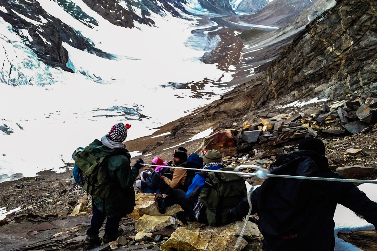 Descending from the summit of Gondogoro La